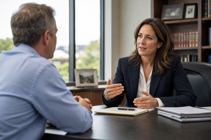 Lawyer Discussing Case With Client In Office