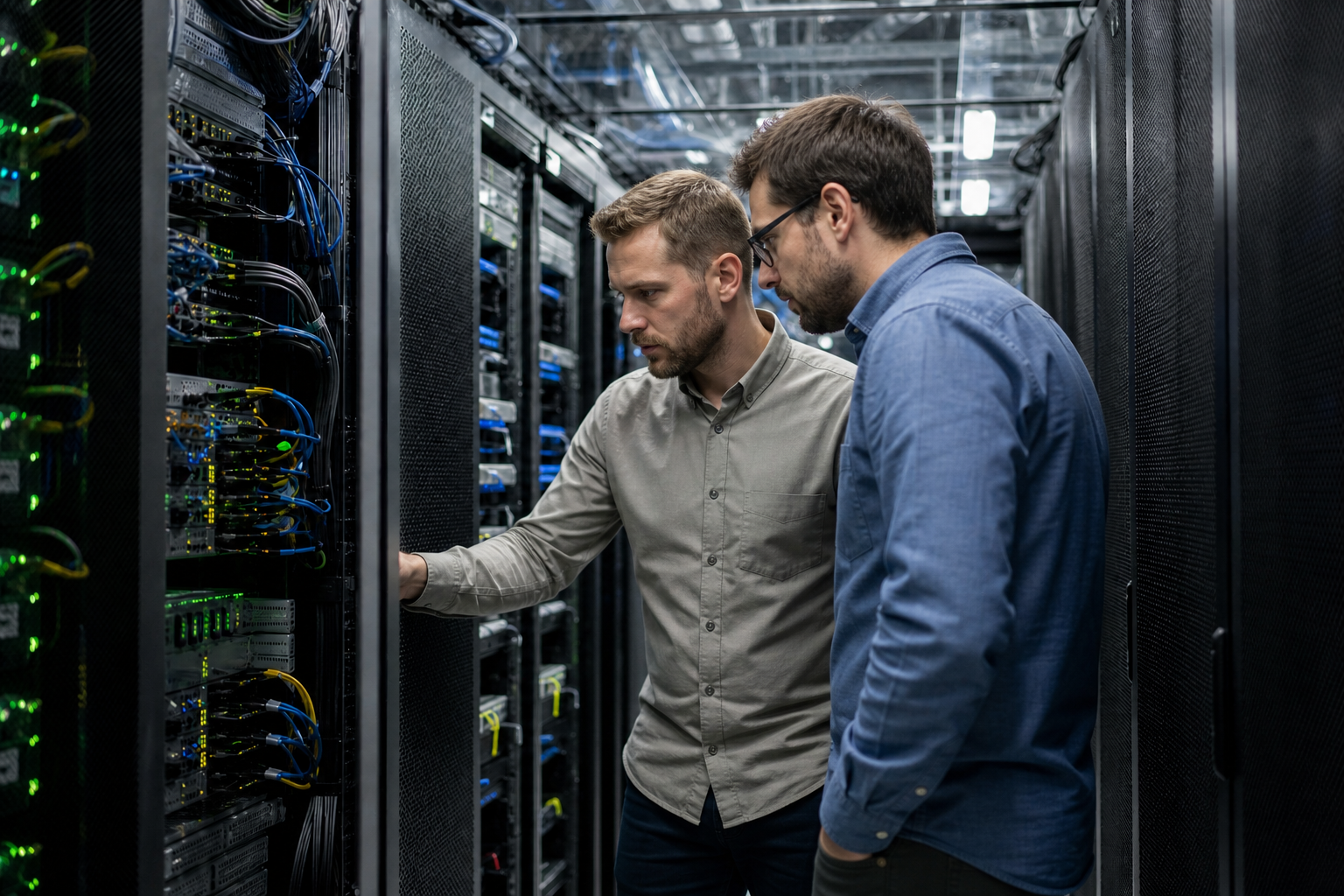 Two European Men Inspecting Server Racks in Data Center