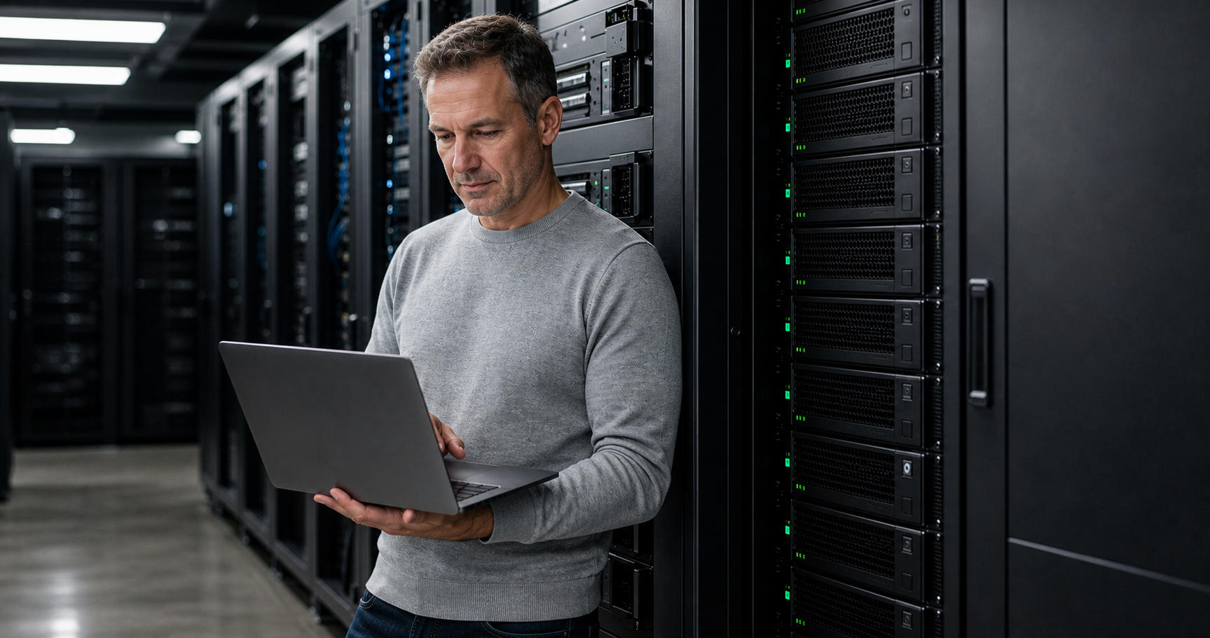 European Man in Modern Data Center Scene